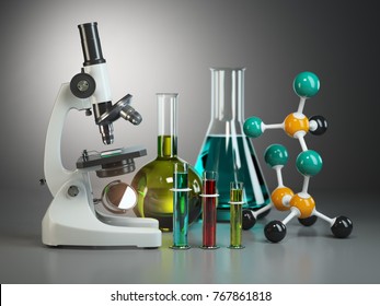 Microscope With Flasks, Vials And Model Of Molecule. Chemistry Or Medical Pharmaceutical Labratory Tools. 3d Illustration