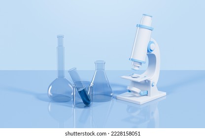 Microscope and glassware in the lab, 3d rendering. Digital drawing.