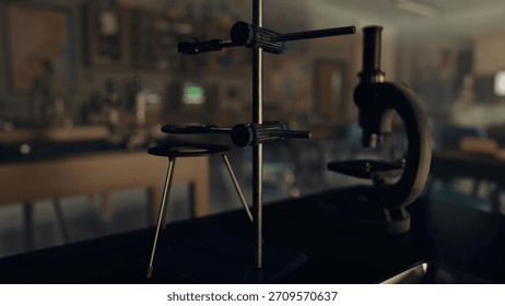 A microscope and lab stand await eager students in a quiet science classroom. Tools are ready for exploration, with chairs pushed back and desks filled with learning materials.