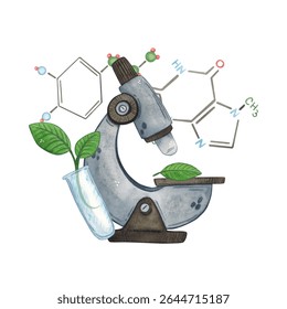 Microscope next to a flask with green spread and chemical formulas. Watercolor illustration hand drawn, cartoon. Drawing for stickers, cards, invitations, scrapbooking. science, school, laboratory