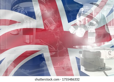 Microscope on United Kingdom (UK) flag - science development conceptual background. Research in biotechnology or clinical medicine, 3D illustration of object