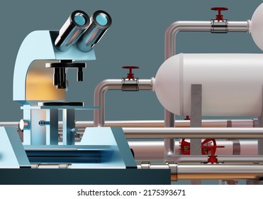 Microscope With Pipeline. Plumbing Tank For Water Treatment. Microscope For Water Quality Analysis. Checking Water After Purification System. Pipes And Tanks Of Cleaning System On Gray. 3d Rendering