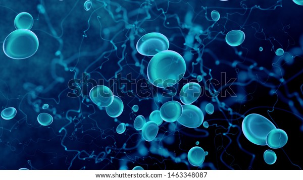 Microscope red blood cells and virus\
Bacteria, infection 3d rendering, health care, medical and science\
concept. particle in blood, human body science\
biology