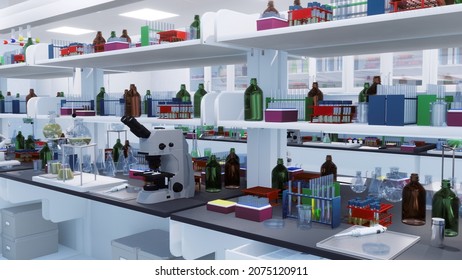 Microscope, Test Tubes, Flasks And Other Laboratory Equipment On Workplace Tables And Shelves In Scientific Research Lab. With No People Medical And Science Concept 3D Illustration From My Rendering.