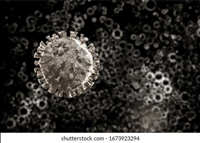  Microscope Virus Close Up. 3d Rendering. Corona Virus 2019-ncov Flu Infection 3D Medical Illustration. Flu Or HIV Corona Virus Floating In Fluid Microscopic View, Pandemic Or Virus Infection Concept.