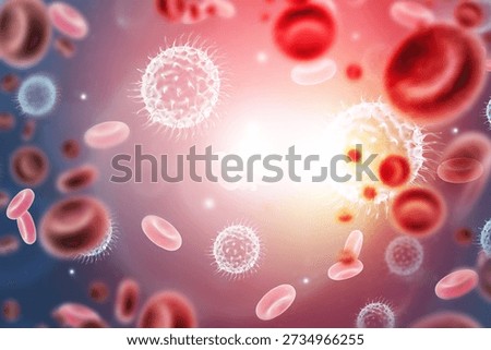 Microscopic 3D render of spiked human virus particles infiltrating a cluster of red blood cells in a dark plasma environment.	