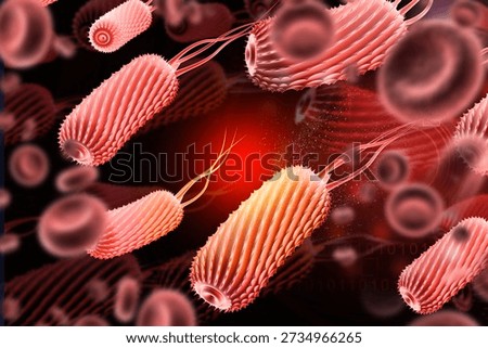 Microscopic 3D visualization of pathogenic viruses and bacteria attacking healthy red blood cells in a dark fluid environment.	
