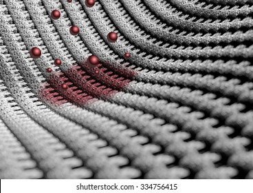 Microscopic Close Up Of Fabric Or Fibers With Wine Or Blood Stain. Showing The Individual Weaves Of The Cotton Or Wool Fabric. Camera With Strong Depth Of Field. Background Or Texture.