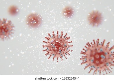 A Microscopic Close Up View Of Airborne Red Coronavirus Particles  - 3D Render