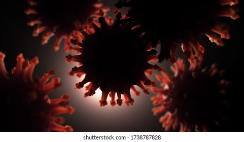 A Microscopic Close Up View Of Backlit Airborne Coronavirus Particles With Glowing Red Edges - 3D Render