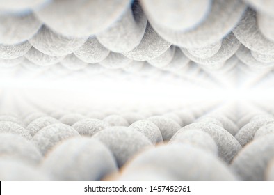 A microscopic close up view between layers of a simple woven textile on a white background - 3D render