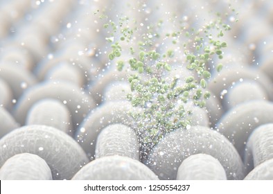 A microscopic close up view of a simple woven textile and a visible green particles  - 3D render