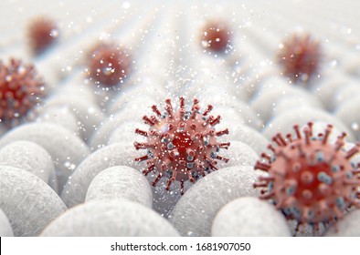 A microscopic close up view of a simple woven textile and a visible red coronavirus particle  - 3D render