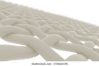 A microscopic close up view of strands of a simple woven textile on a white background - 3D render