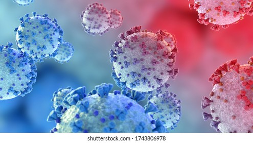 Microscopic close-up of the covid-19 disease. Blue and Red Coronavirus illness spreading in body cell. 2019-nCoV analysis on microscope level 3D rendering