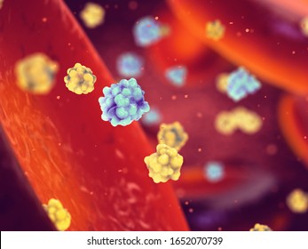 Microscopic glucose and insulin molecules in the blood, Diabetes is a metabolic disorder caused by high levels of blood sugar, 3d illustration