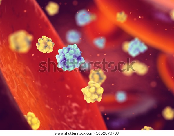 Microscopic glucose and insulin molecules in\
the blood, Diabetes is a metabolic disorder caused by high levels\
of blood sugar, 3d\
illustration
