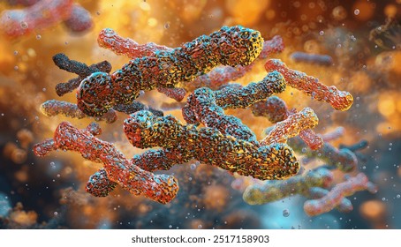 A microscopic image of Bacillus subtilis soil bacteria. Rod-shaped cells forming endospores. Scientific illustration for presentations, articles. Microbiology, biotechnology, life science project. 3D