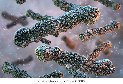 A microscopic image of Bacillus subtilis soil bacteria. Rod-shaped cells forming endospores. 3D scientific illustration for microbiology, biotechnology, life science projects, presentations, medical articles