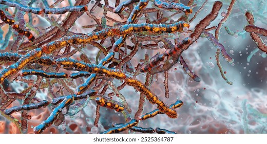 A microscopic image of Mycobacterium tuberculosis bacilli colony. Rod-shaped pathogen bacteria, infectious disease, tuberculosis infection causing bacteria. Mycobacterial cells biology, scientific 3D