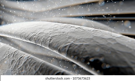 A microscopic macro closeup view of strands of textured hair or fibers - 3D render