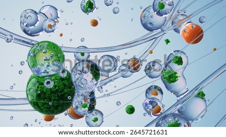 Microscopic spherical structures suspended in liquid, illustrating abstract concepts in science, molecular biology, and innovation. Symbolic scientific imagery applicable for educational purposes.