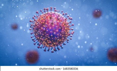 Microscopic View Of Chinese Coronavirus COVID-19 Under The Microscope. 3D Rendering