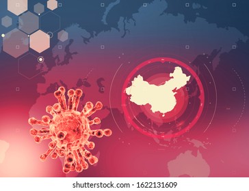 Microscopic view Coronavirus  pathogen that attacks the respiratory tract  Analysis   test  experimentation  Contagion  Sars  World map and China highlighted  3d render
