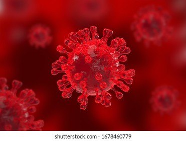 Microscopic View Of Covid-19 Virus Or  Pandemic Coronavirus 2019 Airborne Particles On Red Background. 3D Rendering