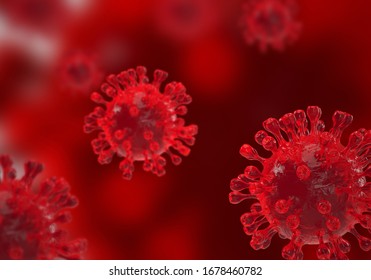 Microscopic View Of Covid-19 Virus Or  Pandemic Coronavirus 2019 Airborne Particles On Red Background. 3D Rendering