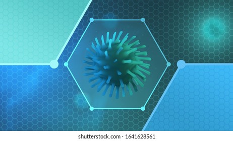 Microscopic View Of A Infectious Virus. Contagion And Propagation Of A Disease. Corona. Sars. Flu. Hexagon Structure. Coronavirus COVID-19. 3D Rendering