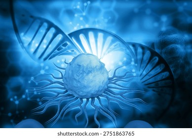 Microscopic view of a mutated DNA double helix surrounded by malignant cancer cells and pathogens. 3d illustration	
