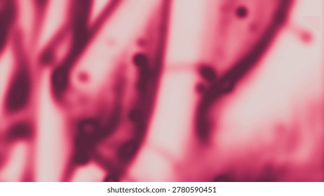 Microscopic view of pink and red abstract biological structures with dark spots and blurry texture