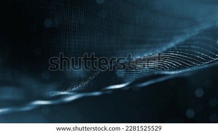 Microworld or sci-fi theme. 3d rendering background of glowing particles that form curved lines and 3d surfaces, grid with depth of field, bokeh. Blue dark bg. 3D Illustration