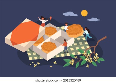 Mid Autumn Festival Banner. Flat Illustration Of Family Sharing A Mooncake Gift Box On Picnic Plaid With Osmanthus Branch At Night