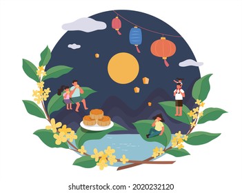 Mid Autumn Festival Design. Flat Illustration Of People Watching Moon And Eating Mooncakes As Holiday Celebrations