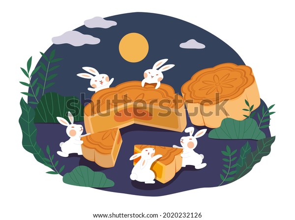 Mid autumn festival design. Flat illustration\
of a group of jade rabbits sharing a piece of mooncake, a festive\
dessert, on full moon\
night