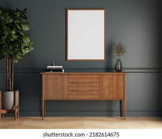 Mid Century Modern Credenza Table Inside Interior With Plant On The Side And Decor, Natural Sunlight Coming In With Mockup Art Frame, 3d Render