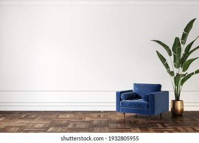 Mid Century Modern Empty Interior With Armchair, Plant And Blank Wall. 3d Render Illustration Mockup.