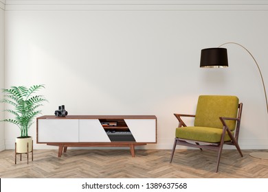 Mid Century Modern Interior Empty Room With White Wall, Dresser, Console, Yellow Lounge Chair, Armchair, Floor Lamp, Wood Floor. 3d Render Illustration Mockup.