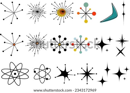 Mid Century Modern Vector Bundle Clip Art Retro MCM Atomic Starburst Digital File MidCentury Shapes Vector Set Atomic Age Space Age Y2K Retro Stars 50 60s Vintage Scrapbooking