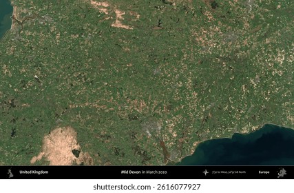 Mid Devon. Administrative area of United Kingdom in spring, on a satellite map