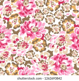 Mid Midium Small  Pink Yellow Beige Brown Violet Rose Flowers On Floral White Seamless Repeating Background Artistic Wallpaper Pattern For Baby Bridal Shower Beachwear Summer Spring Beach Garden Party