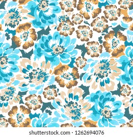 Mid Midium Small Turquoise Blue Brown Violet Rose Flowers On Floral White Seamless Repeating Background Artistic Wallpaper Pattern For Baby Bridal Shower Beachwear Summer Spring Beach Garden Party