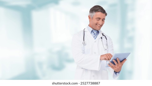 Mid section of caucasian male doctor smiling against hospital in background. Healthcare and medical professionalism concept. - Powered by Shutterstock