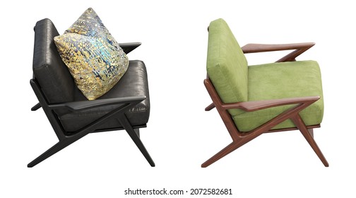 Midcentury Black Leather And Green Fabric Upholstery Apartment Chair With Pillow Accent. Wooden Base Chair On White Background. Mid-century, Modern, Scandinavian Interior. 3d Render