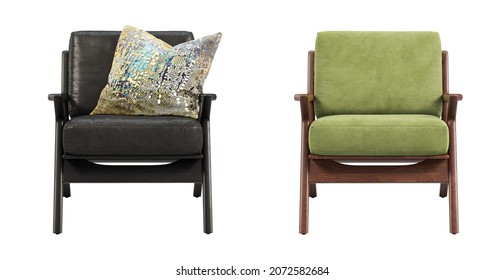 Midcentury Black Leather And Green Fabric Upholstery Apartment Chair With Pillow Accent. Wooden Base Chair On White Background. Mid-century, Modern, Scandinavian Interior. 3d Render