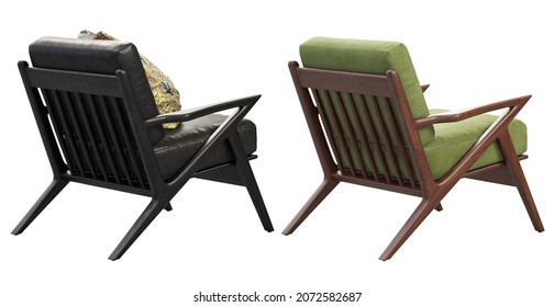 Midcentury Black Leather And Green Fabric Upholstery Apartment Chair With Pillow Accent. Wooden Base Chair On White Background. Mid-century, Modern, Scandinavian Interior. 3d Render