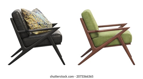 Midcentury Black Leather And Green Fabric Upholstery Apartment Chair With Pillow Accent. Wooden Base Chair On White Background. Mid-century, Modern, Scandinavian Interior. 3d Render