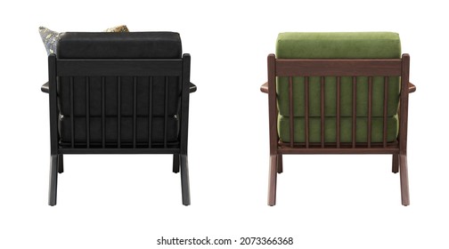 Midcentury Black Leather And Green Fabric Upholstery Apartment Chair With Pillow Accent. Wooden Base Chair On White Background. Mid-century, Modern, Scandinavian Interior. 3d Render